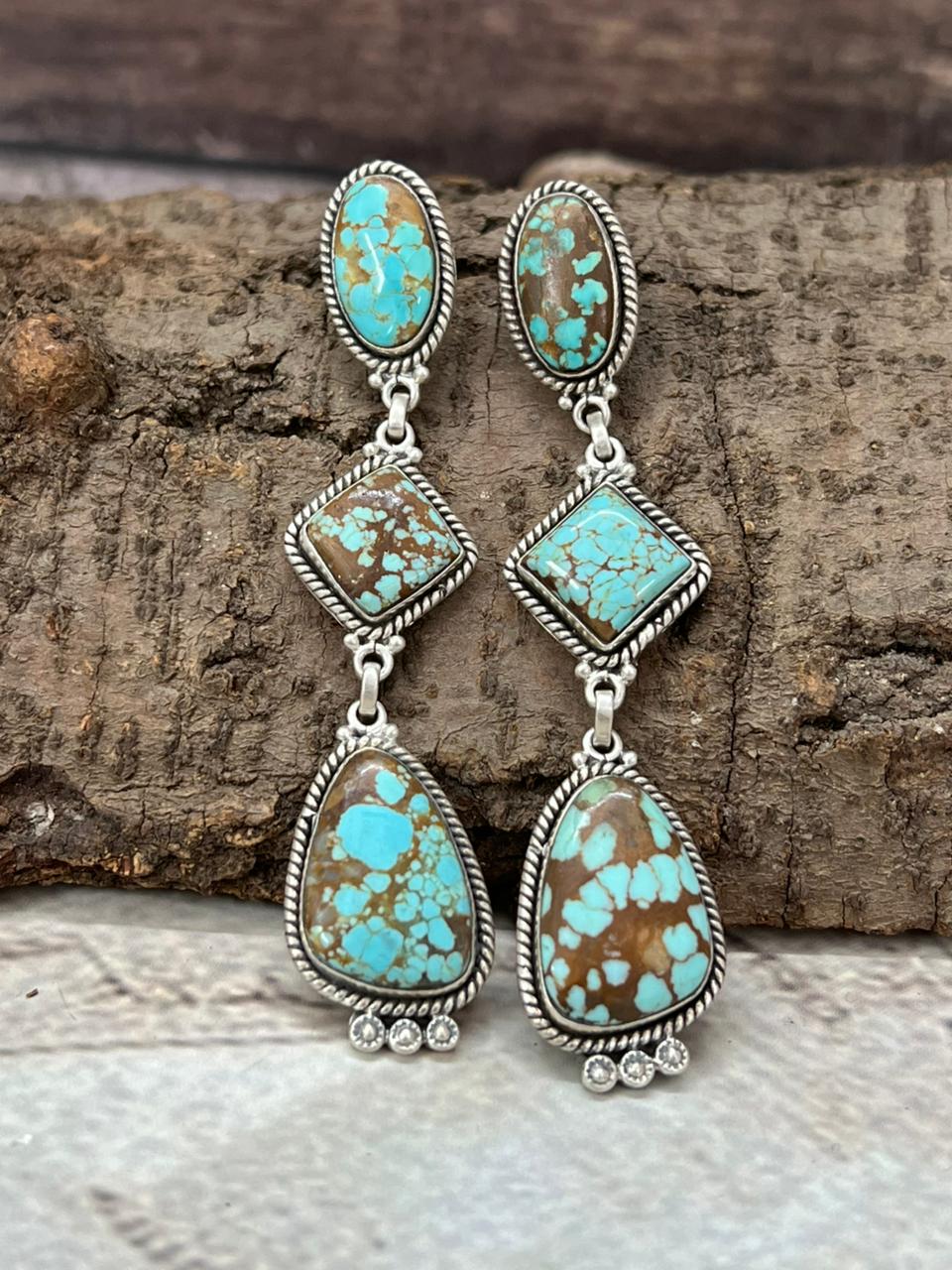 Handmade Sterling Silver Number 8 Turquoise Post Dangle Earrings with Signed Nizhoni (1)